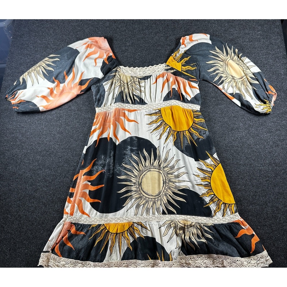 Tennis Brand Sun Patterned Beach Sundress 3/4 Sleeve Astro Lace Detail Sz LG
